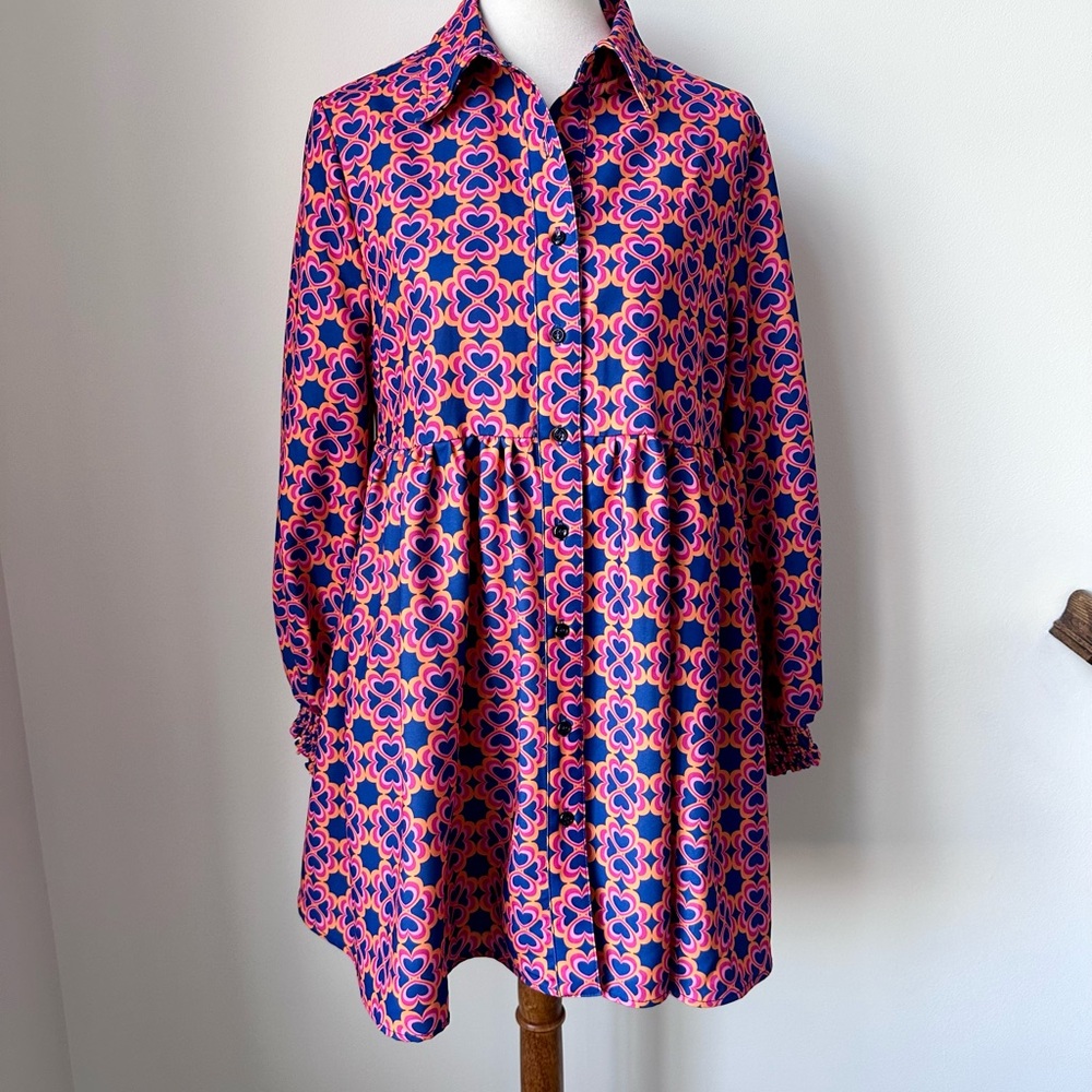 Pink and Blue Patterned Baby Doll Dress with Pockets Size 8
